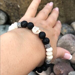 Lava Beads SKULL stretch bracelet, lava stone & white howlite 8mm beads OOAK